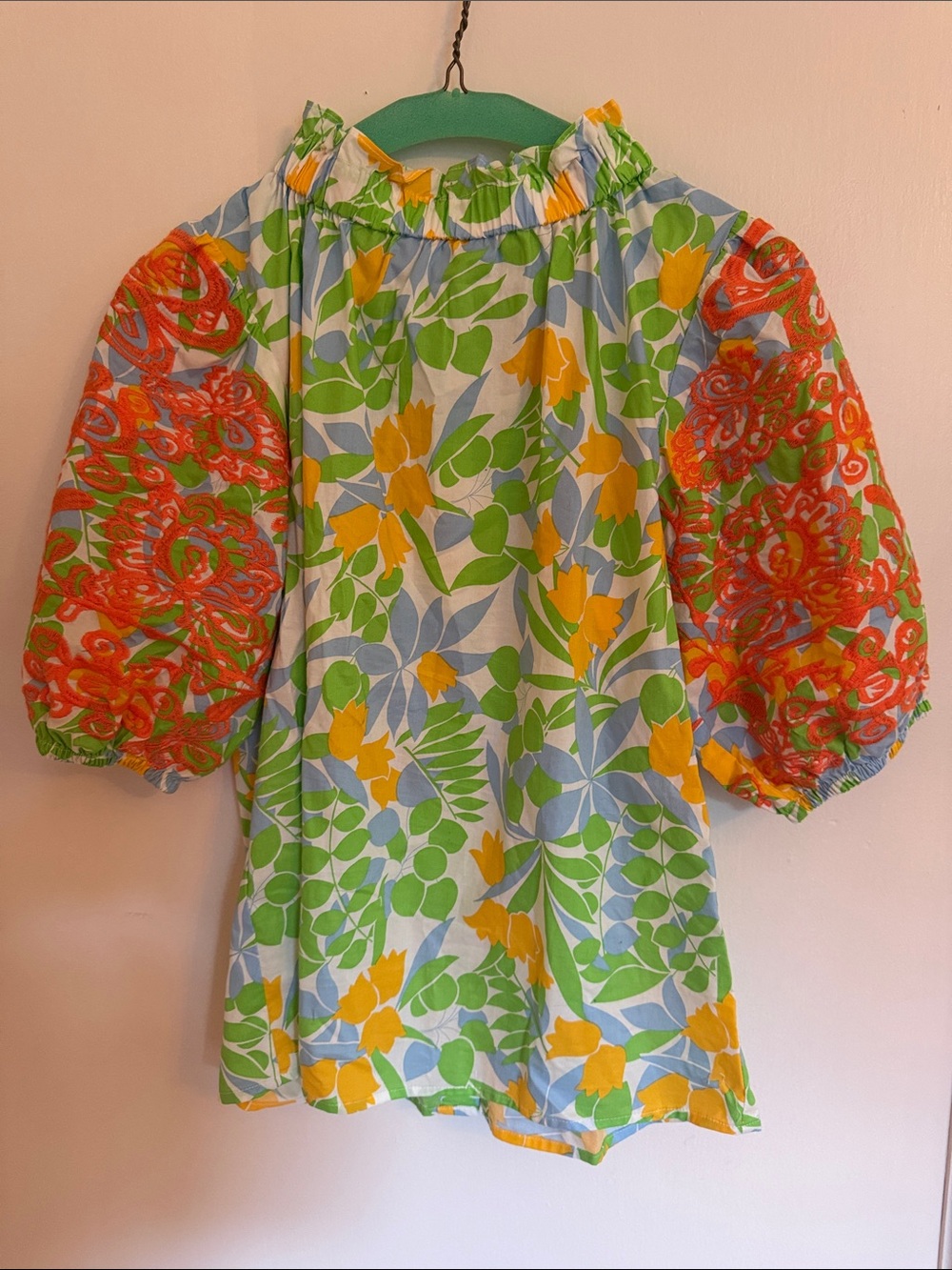 THML Floral Puff-Sleeve Tunic - Yellow, Green & Coral Small